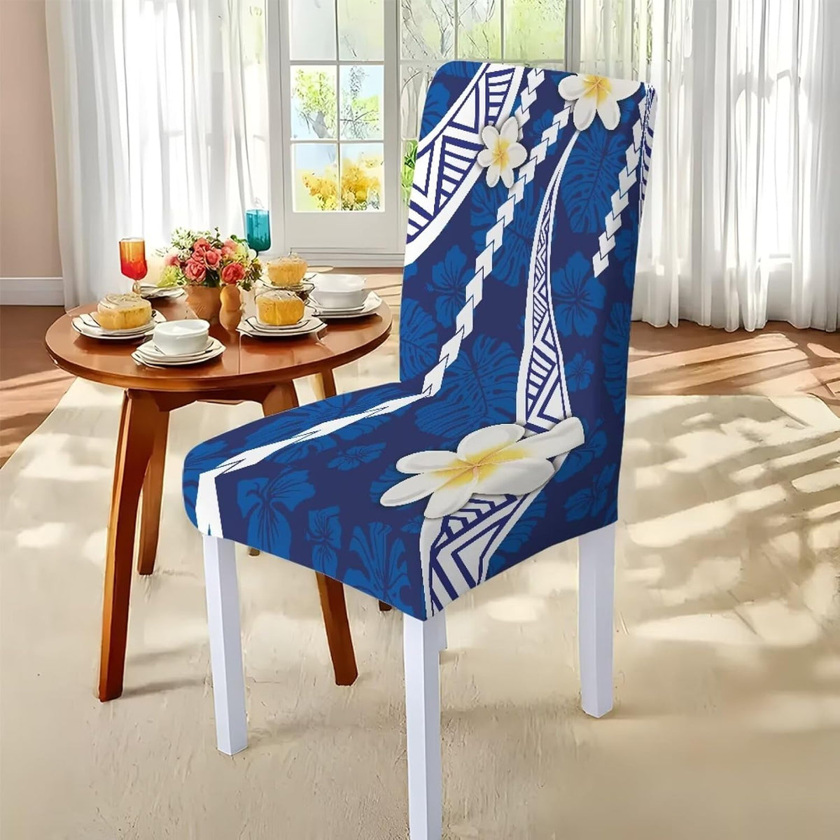 Polynesia Dining Room Chair Cover with Tablecloths 5 Pack, Scratch-Resistant Washable Parsons Chair Slipcovers Removable Table Cloth for Kitchen, Plumeria Floral Monstera Leaf Print Blue