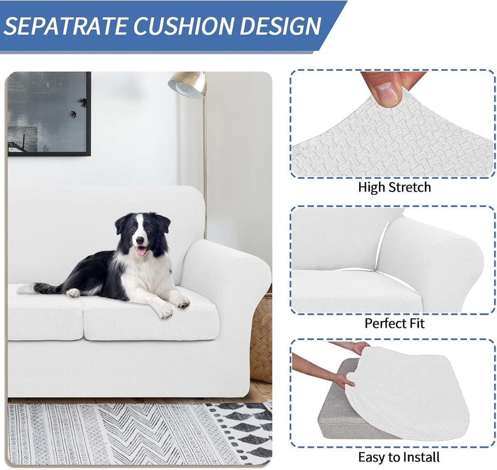 JIVINER 3 Pieces Stretch Couch Covers for 2 Cushion Couch Fitted Thick Loveseat Sofa Slipcover with 2 Seat Cushion Covers for Living Room Pet Dogs (Loveseat, Off White)