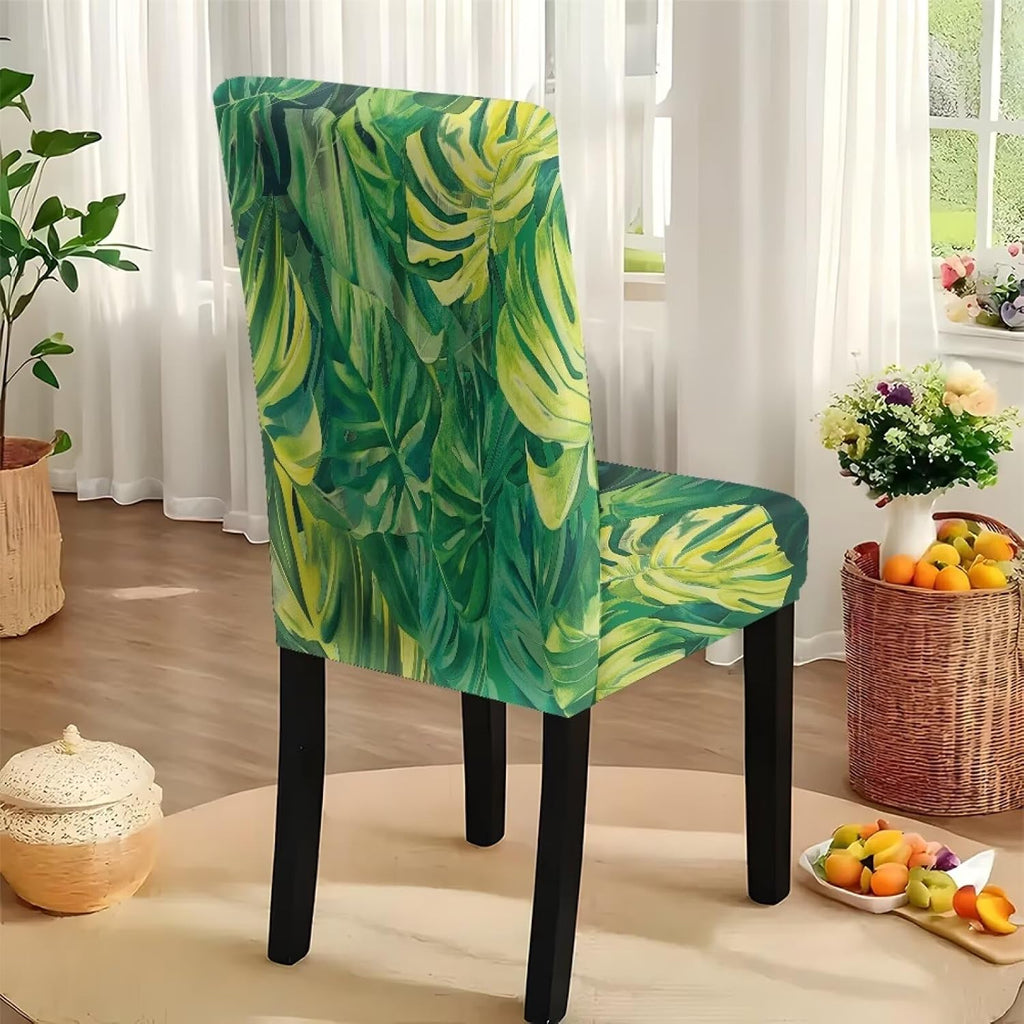 GLENLCWE Monstera Leaf Universal Dining Table Cover with Chairs Dining Table Cover with Chair Covers 7 Pcs, Dust Proof Green Kitchen Party Stretch Elastic Bottom Slipcovers