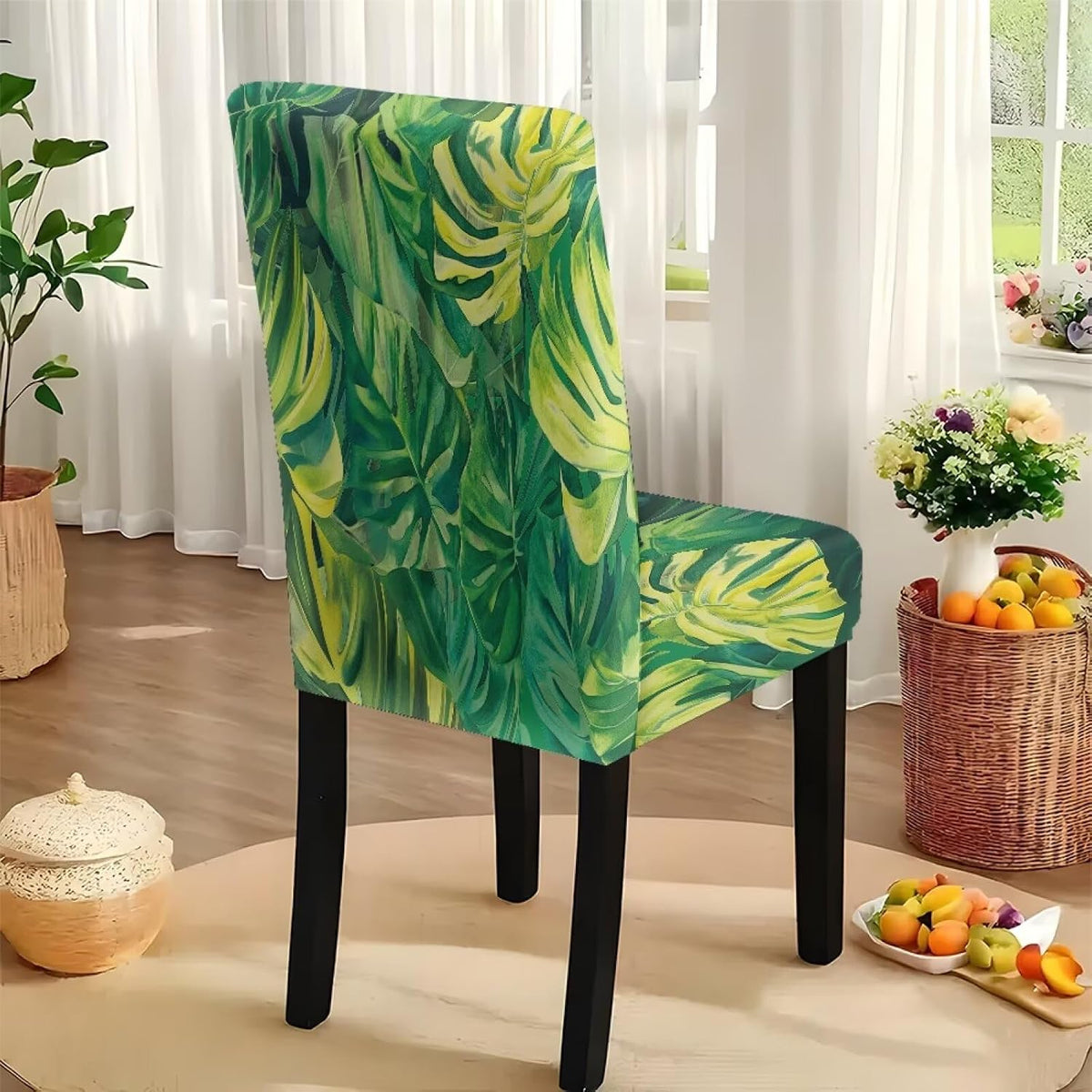 GLENLCWE Monstera Leaf Universal Dining Table Cover with Chairs Dining Table Cover with Chair Covers 7 Pcs, Dust Proof Green Kitchen Party Stretch Elastic Bottom Slipcovers