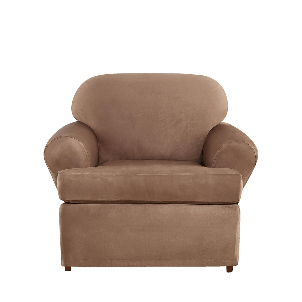 SureFit Home Décor Soft Suede Box Cushion Loveseat One Piece Slipcover, Relaxed Fit, Polyester, Machine Washable, Chocolate Color