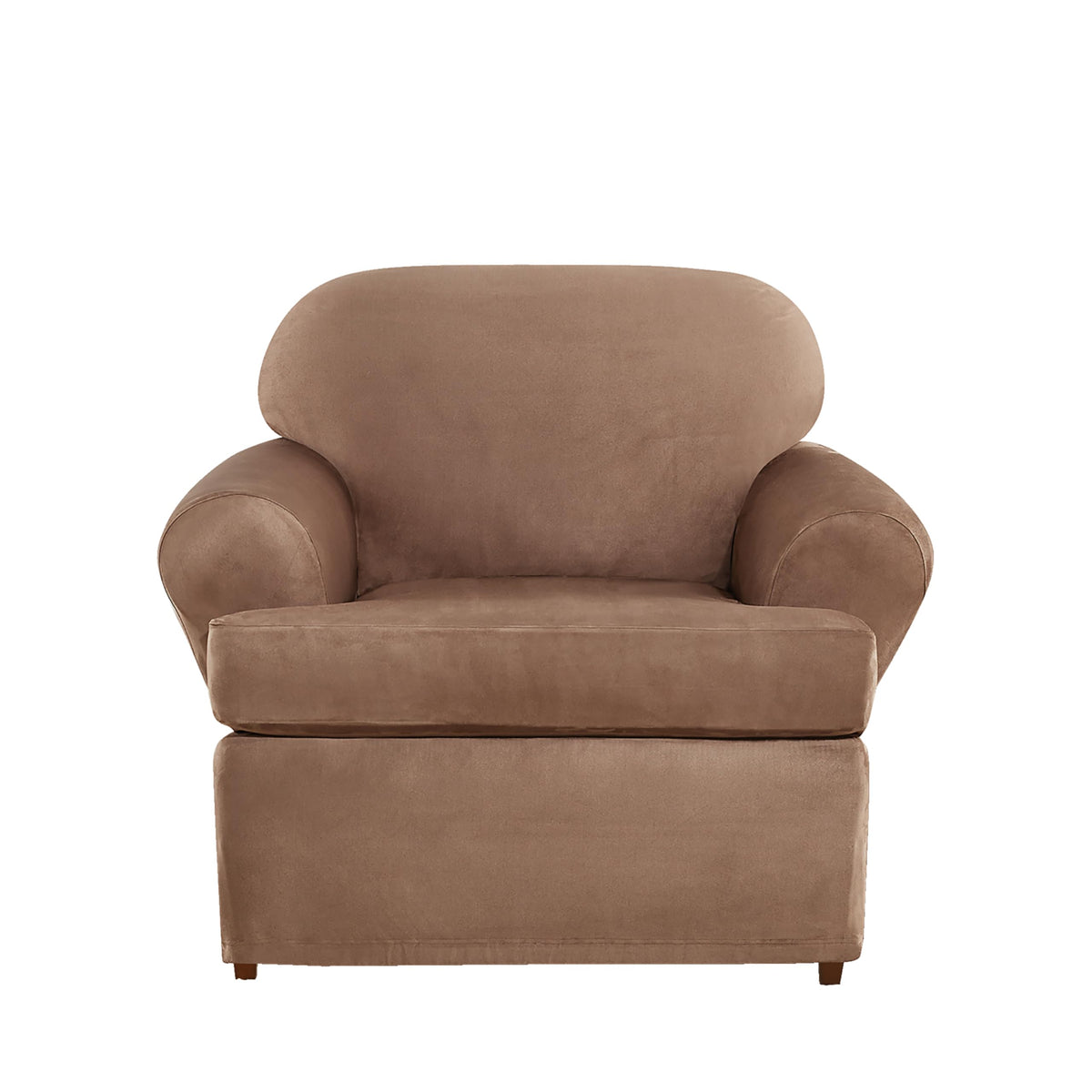 SureFit Home Décor Soft Suede Box Cushion Loveseat One Piece Slipcover, Relaxed Fit, Polyester, Machine Washable, Chocolate Color