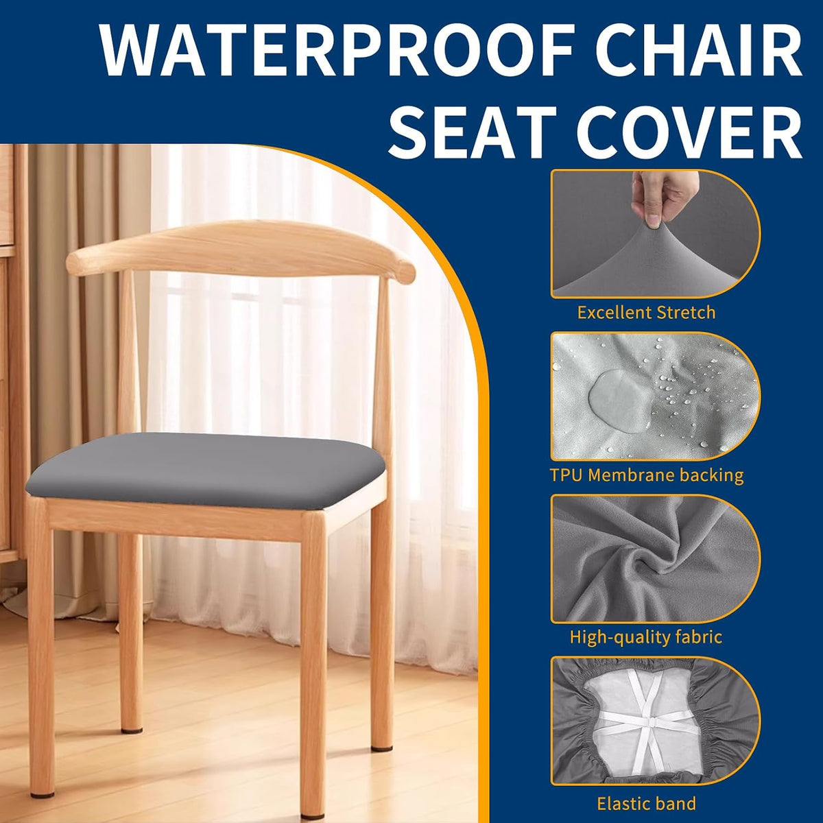 Waterproof Dining Chair Seat Covers Set of 6, Stretch Removable Dining Room Seat Covers for Dining Chairs, Kitchen, Hotel, Party