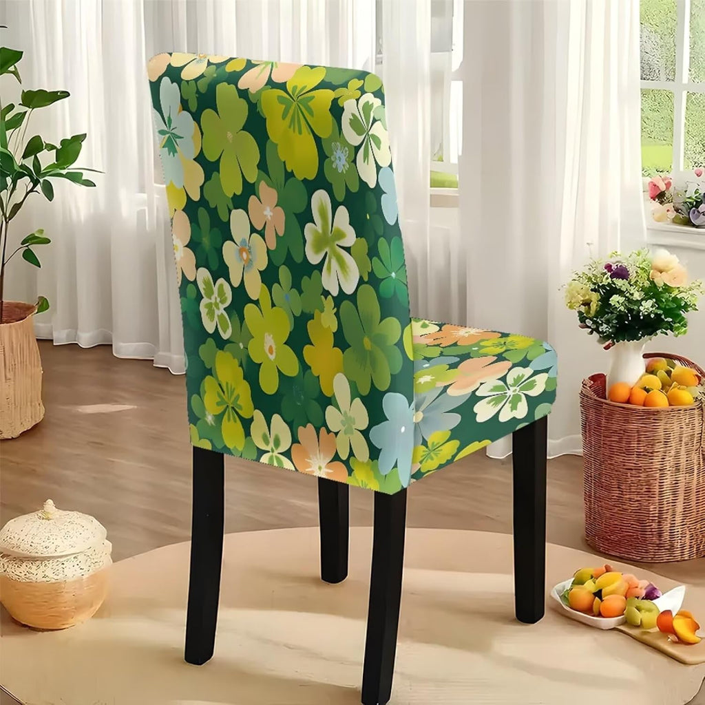Stretch Dining Table Cloth and Chair Covers Set, 4 Seater Table Cover Anti-Wrinkle Parsons Chair Slipcovers Machine Washable Seat Protector for St. Patrick's Day Decor, Green Shamrock