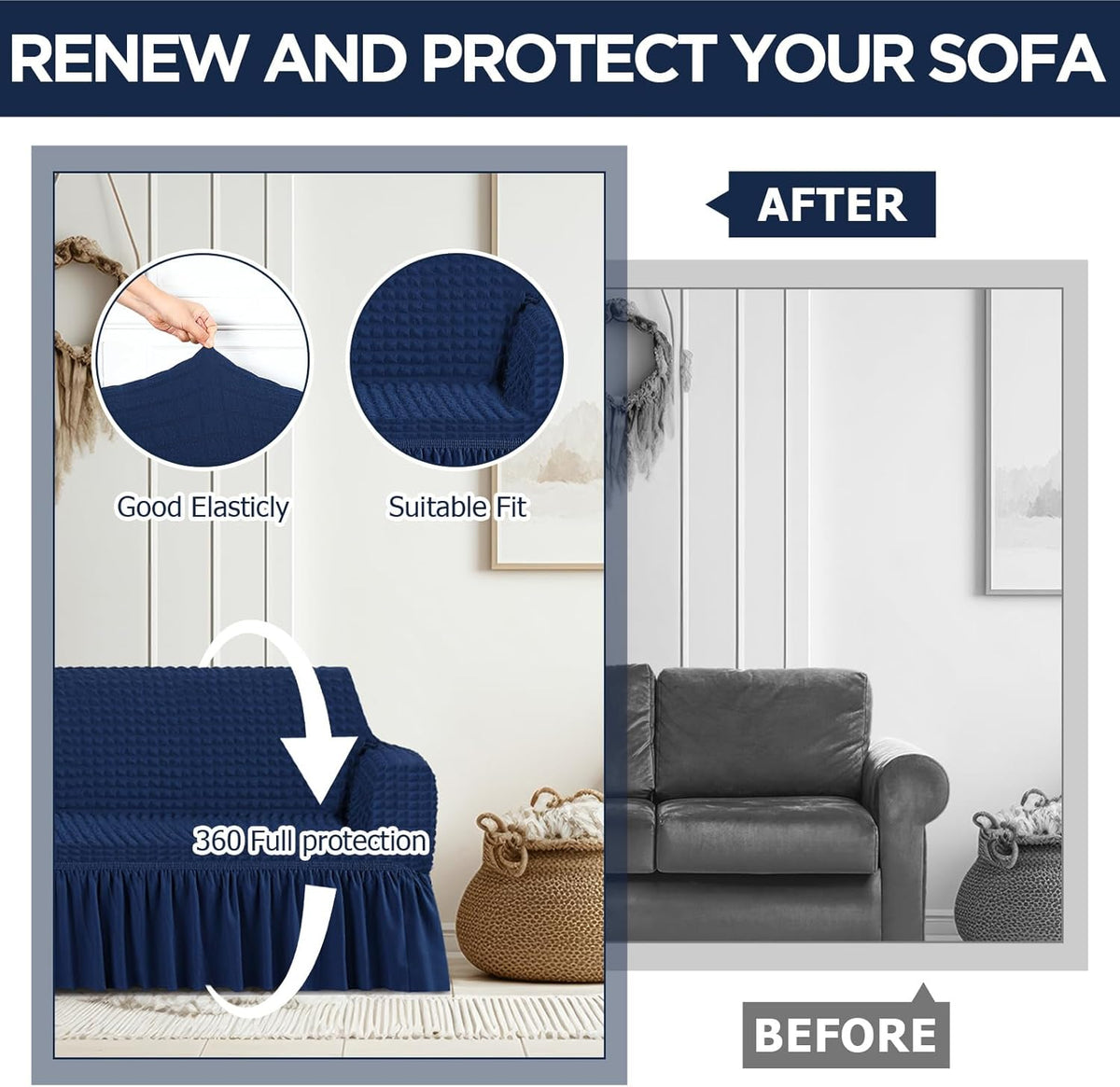 Fanfanwin 2 Pcs Sofa and Loveseat Slipcover Set with Skirt, Navy Blue