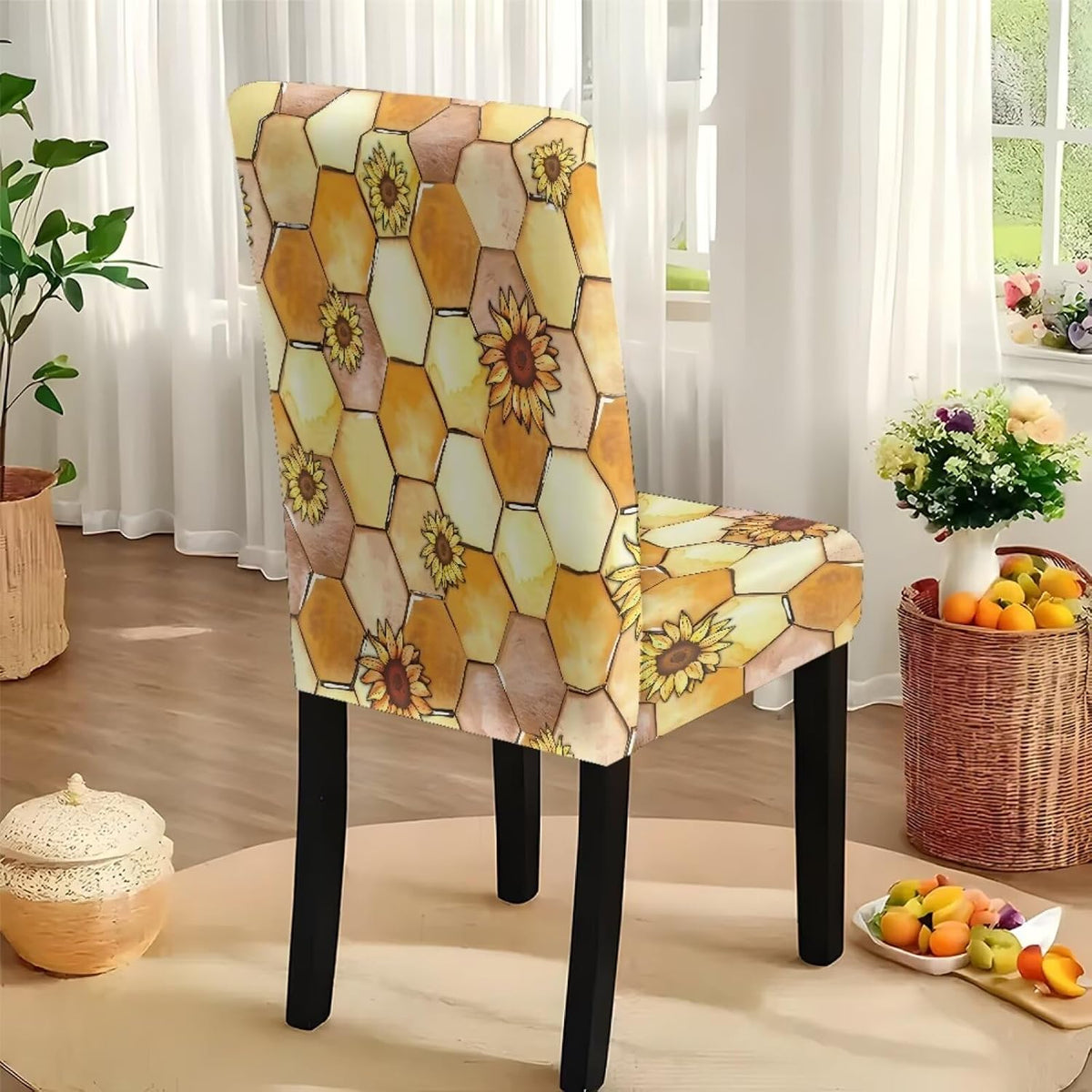 Dining Table Chair Covers 5 Pack, Removable Parsons Chair Slipcovers Dust Proof Tablecloths Scratch Resistant Seat Protector for Dining Room, Sunflower Honeycomb Bee Print Yellow
