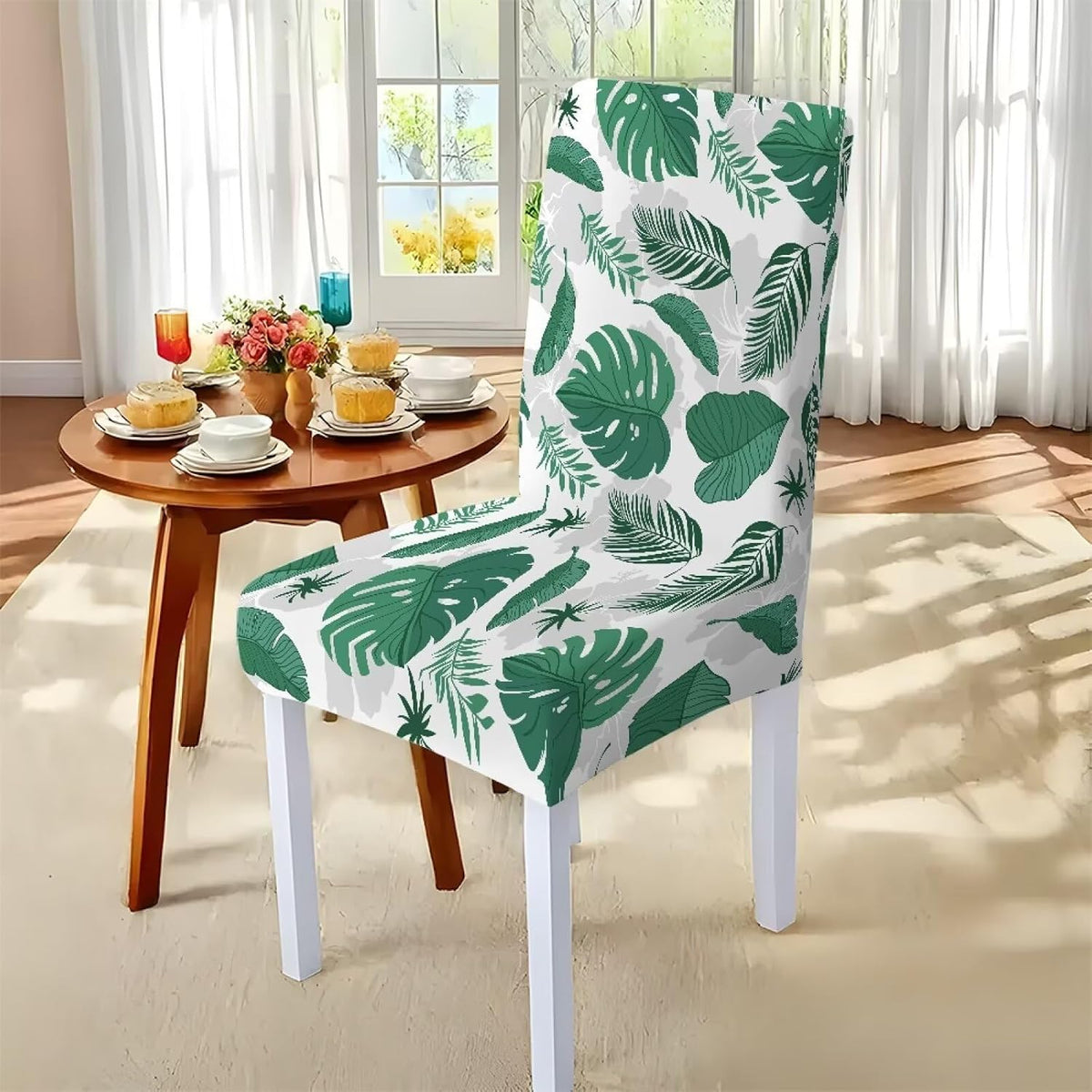 Palm Leaves Rectangular Table Cloth & Dining Chair Covers Set of 5, Stain Resistant Wipeable Chair Protectors for Farmhouse Rustic Home Kitchen Party Decor