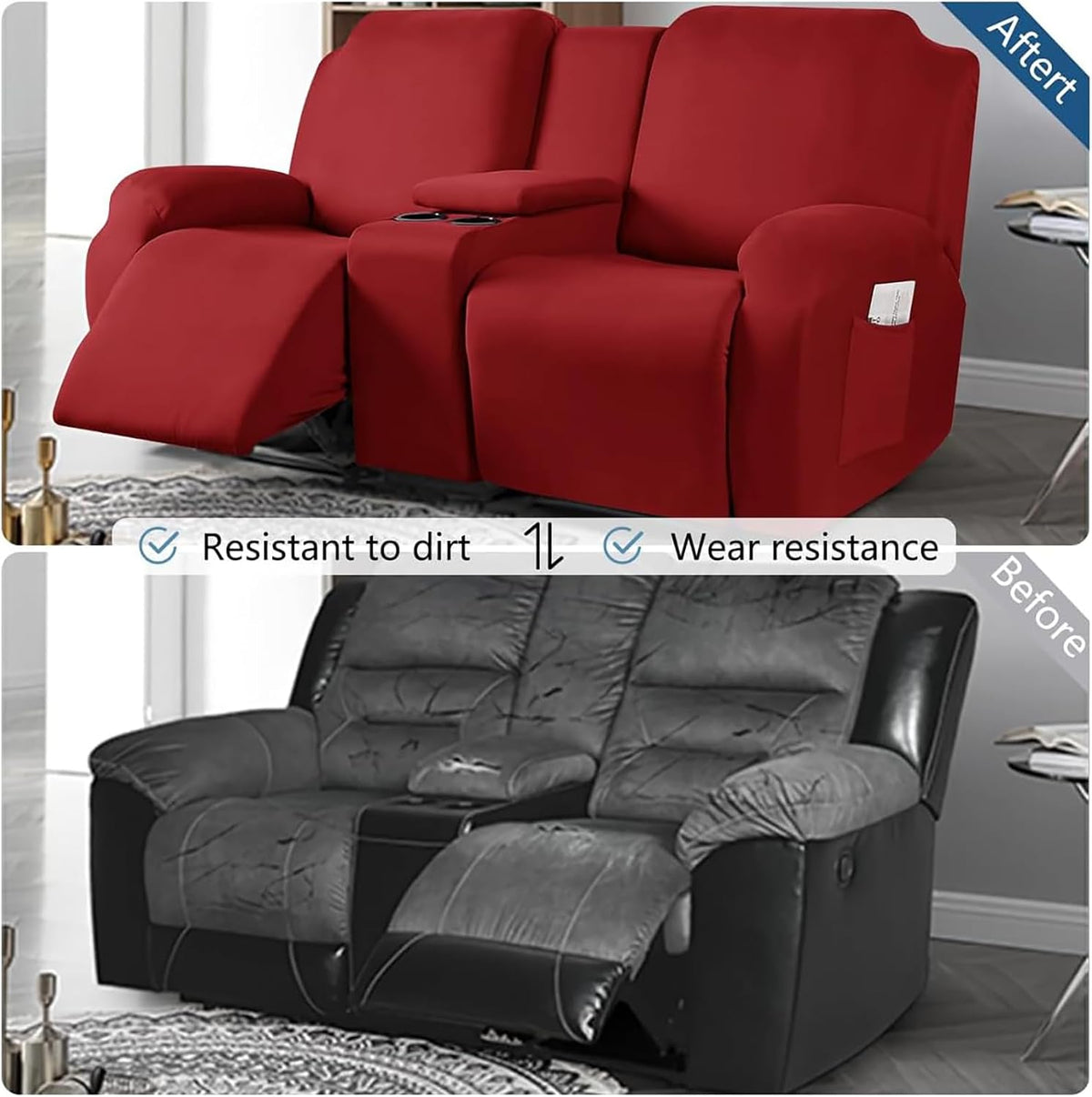 Stretch Recliner Loveseat Chair Cover with Console,7-Piece Velvet Stretch Loveseat Reclining Cover Sofa Covers,Furniture Protective Covers for Children and Pets, Beige