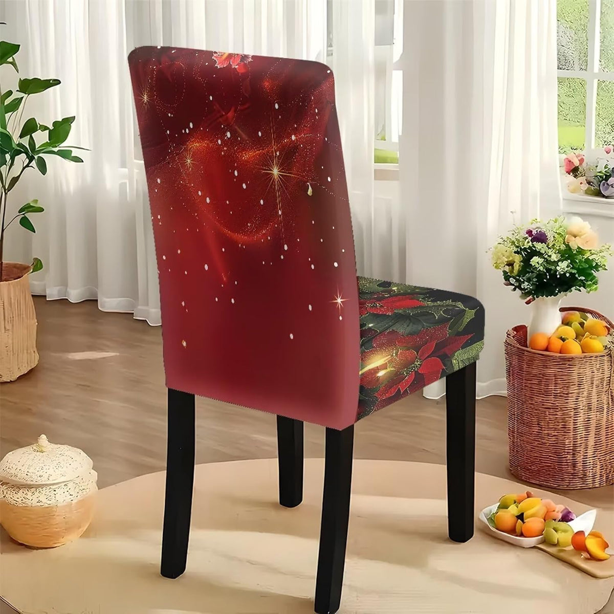 Fitted Tablecloth with Chair Covers Set,Christmas Candle Washable Dining Room Chair Covers Set of 4/6 with Farmhouse Table Cover for Home Hotel Restaurant, 5pcs/7pcs