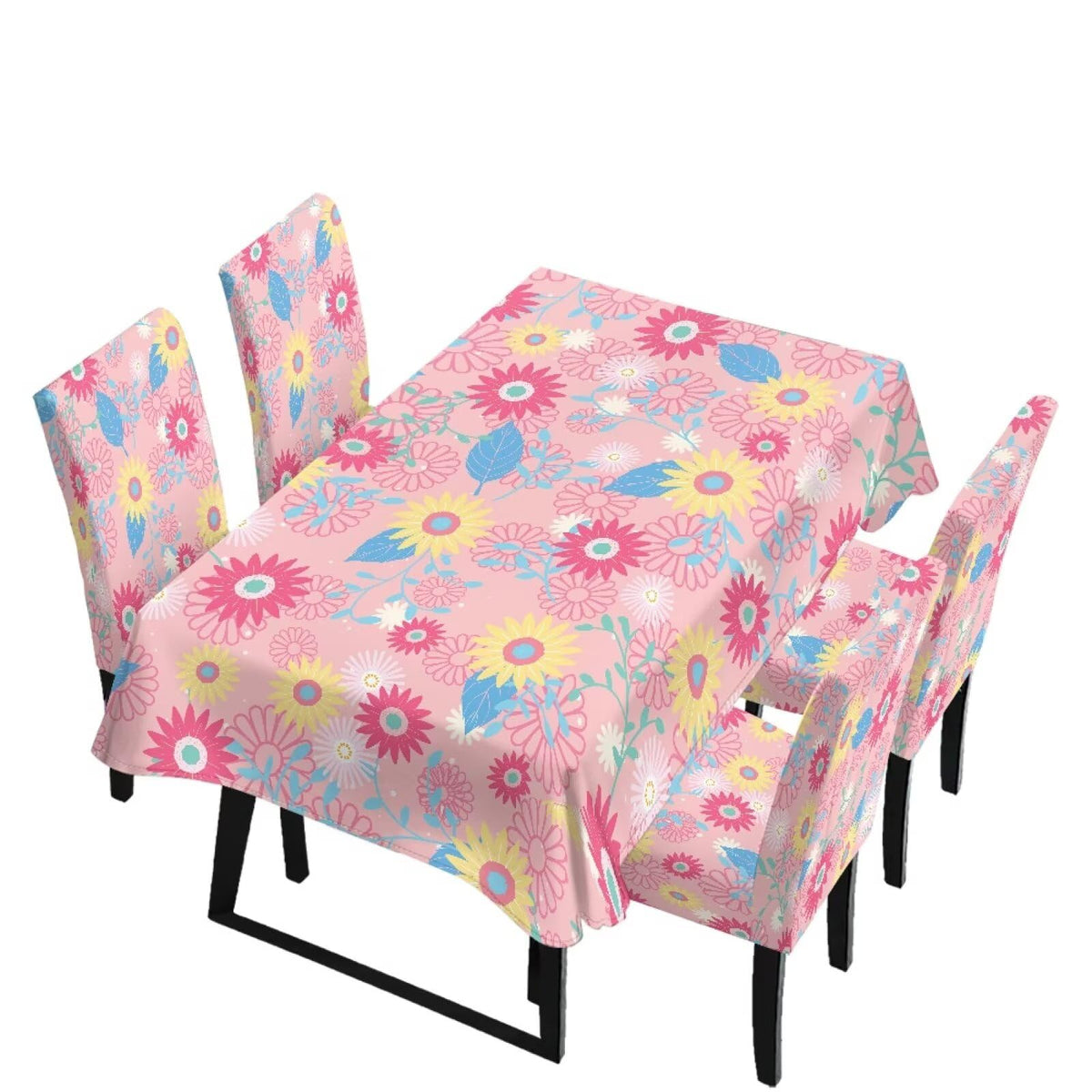 Blue Floral Rectangular Table Cloth & Dining Chair Covers Set of 5, Stain Resistant Wipeable Chair Protectors for Farmhouse Rustic Home Kitchen Party Decor