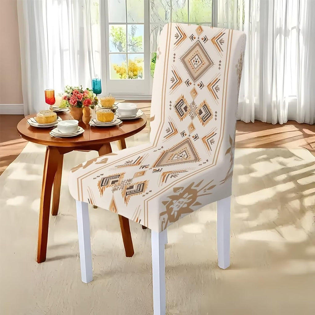 5 Pack Dining Table Cloth Rectangle 4 Seater Includes Kitchen Chair Covers, Stretch Seat Covers for Dining Chairs Anti-dust Washable Table Protector, Tribe Aztec Geometry Print