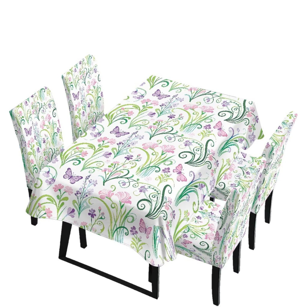 Table Cloth Rectangle Table Set of 5 Include Dining Chair Covers and Tablecloths for Dining Room Banquet, Anti-Scratch Chair Seat Protector Cover, Hummingbird Sunflower Tribe Print