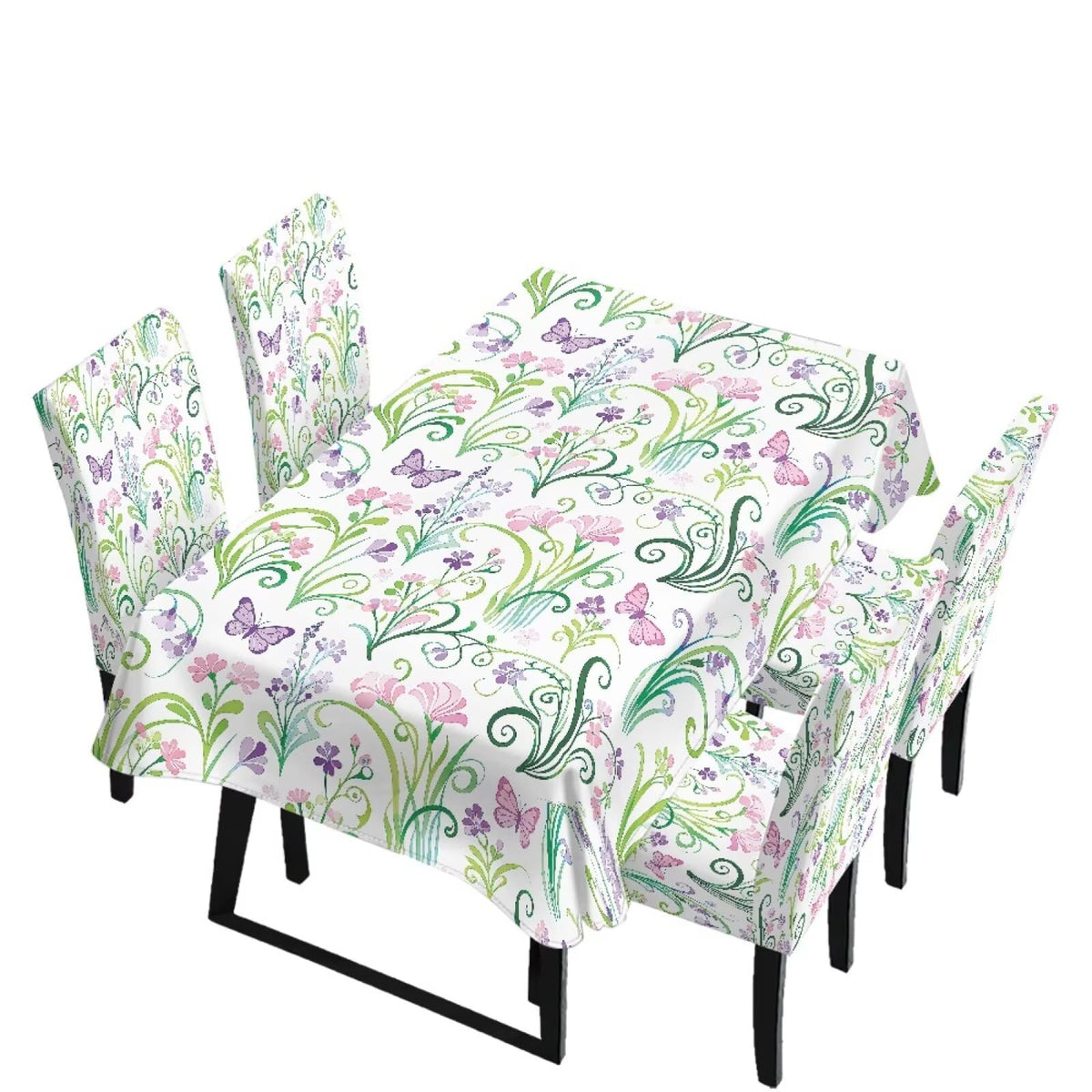 Table Cloth Rectangle Table Set of 7 Include Kitchen Chair Covers and Tablecloths for Dining Room Hotel Banquet, Anti-Scratch Chair Seat Protector Cover, Daisy Hippie Flower Print