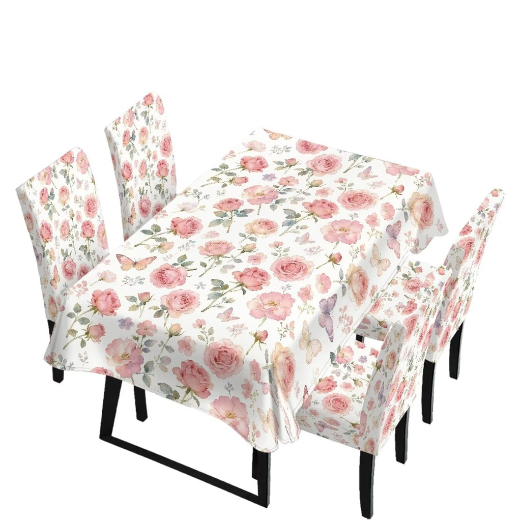 5 Pack Dining Room Chair Cover Set and Table Cloth Rectangle, Dust Proof Machine Washable Tablecloths Comfortable Chair Seat Slipcovers for Restaurant Decor, Abstract Fluid Marble