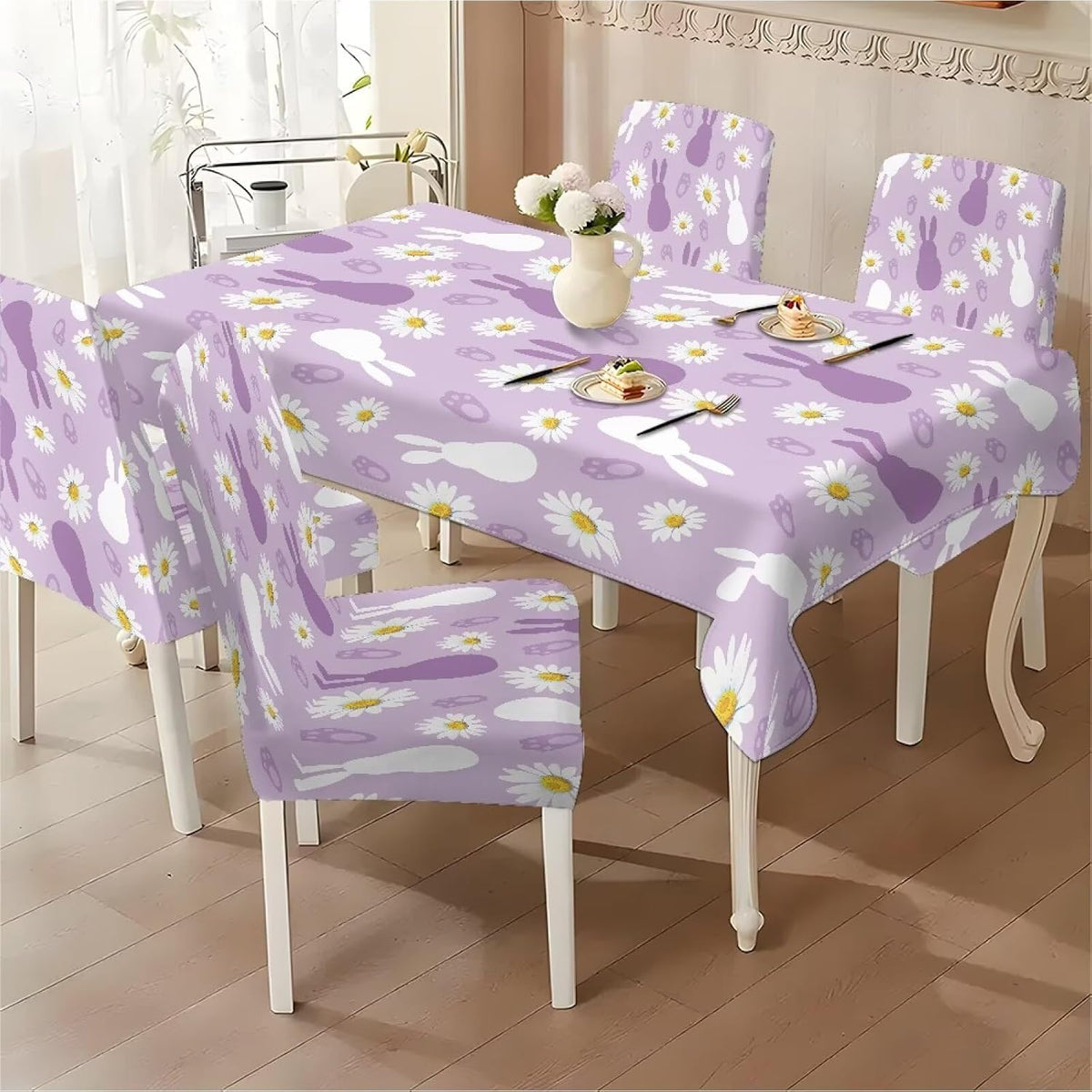 ZDCUSTOM Easter Table and Chair Covers for Parties Purple Bunny Dining Chairs Cover Daisy Tablecloths Rectangular for Easter Party