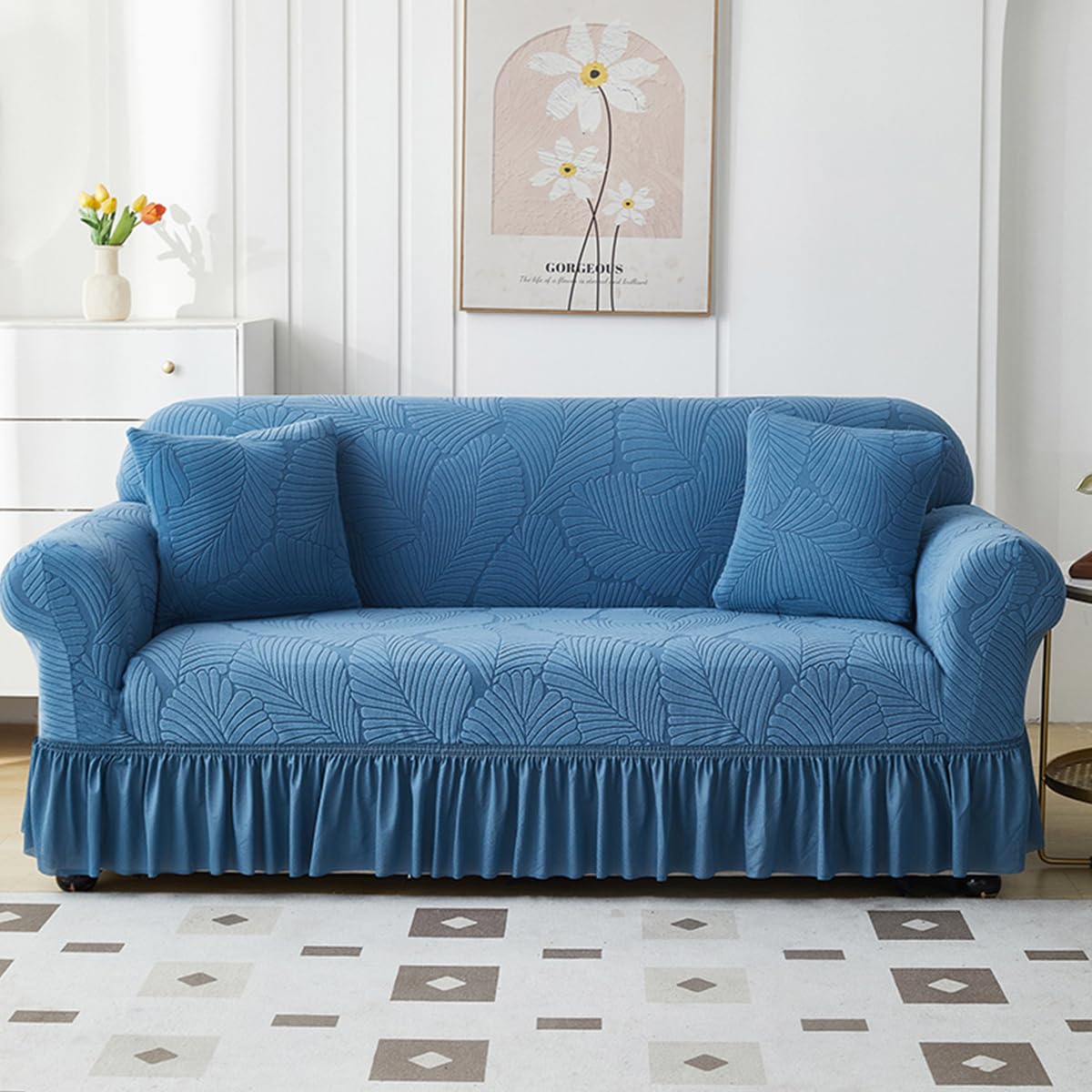 KAIJIE 1 piece Double seat Textured Sofa Slipcover with Ruffle Skirt,Elastic Stretch Fabric，Leaf Pattern Design Thick Anti Slip Protective Cover C-01Haze Blue