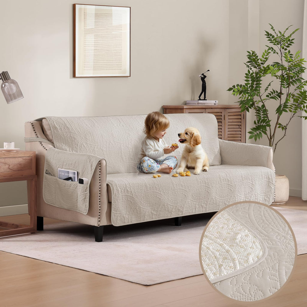 Beige Loveseat Covers for 2 Cushion Couch, Water-Repellent Quilted Covers for Sofa, Machine Washable Love Seat Couch Covers, Pet Friendly Loveseat Slipcovers (Loveseat 48", Beige Cream)