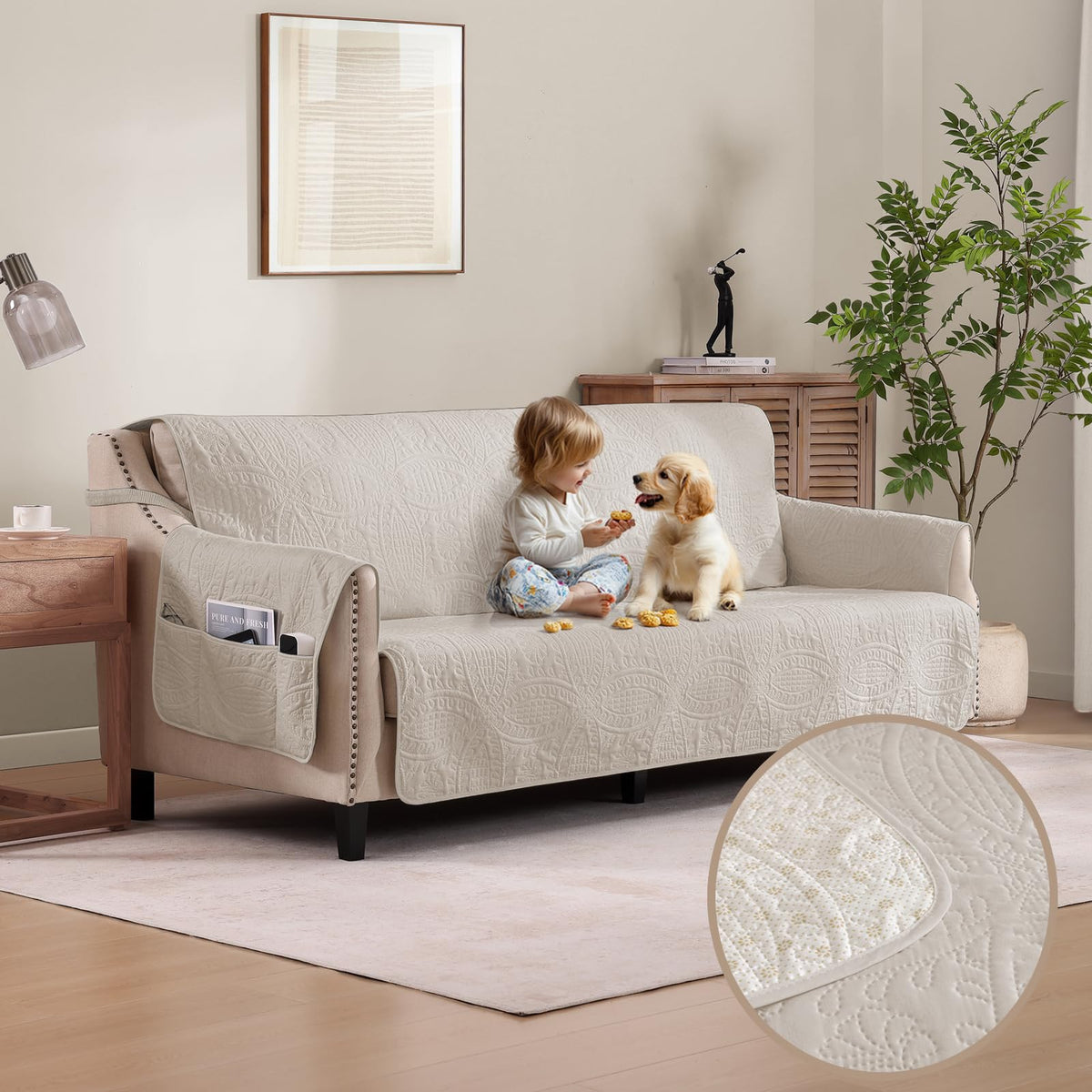 Beige Loveseat Covers for 2 Cushion Couch, Water-Repellent Quilted Covers for Sofa, Machine Washable Love Seat Couch Covers, Pet Friendly Loveseat Slipcovers (Loveseat 48", Beige Cream)