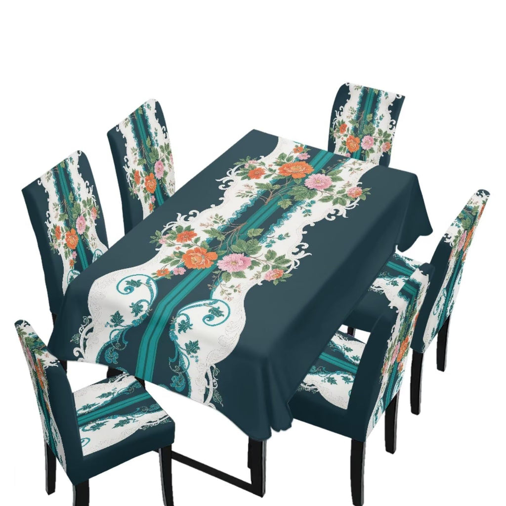 Table Cloth Rectangle Table Set of 7 Include Dining Chair Covers and Tablecloths for Dining Room Kitchen Banquet, Anti-Scratch Chair Seat Cover, Fluid Marble Print Green Gold Brown