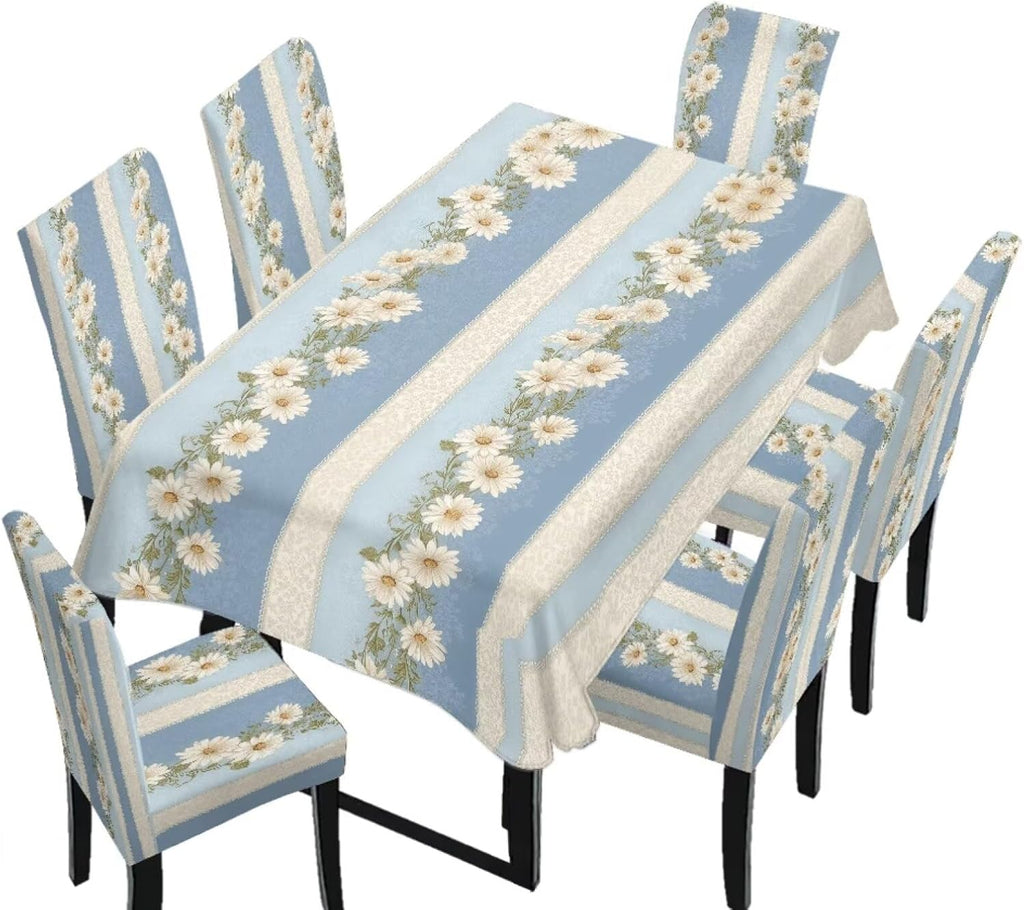 Polynesia Dining Room Chair Cover with Tablecloths 5 Pack, Scratch-Resistant Washable Parsons Chair Slipcovers Removable Table Cloth for Kitchen, Plumeria Floral Monstera Leaf Print Blue