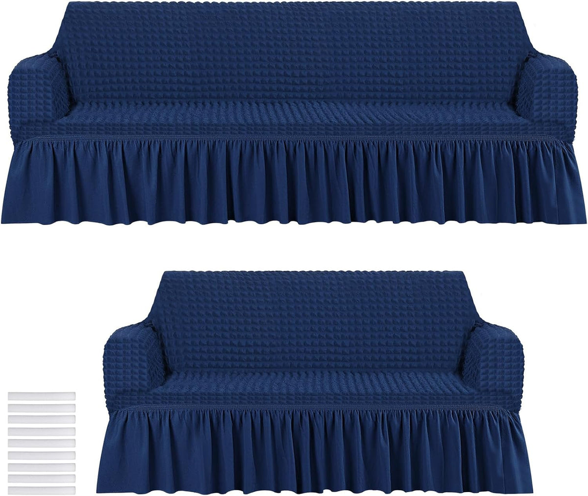 Fanfanwin 2 Pcs Sofa and Loveseat Slipcover Set with Skirt, Navy Blue
