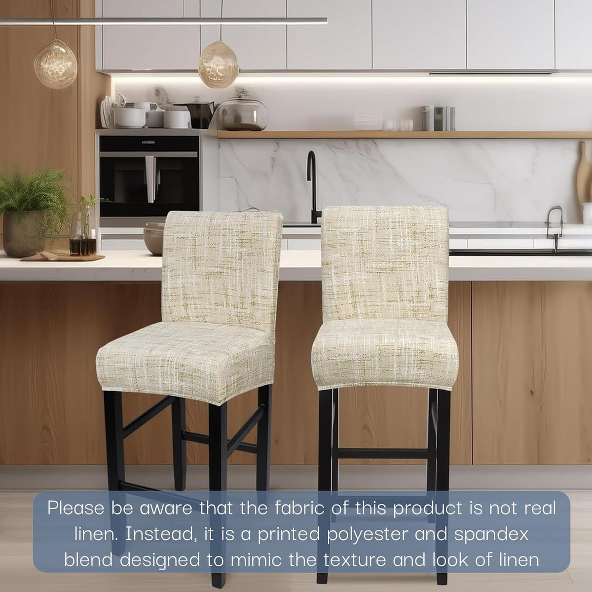 SearchI Bar Stool Covers Set of 4, Stretch Washable Barstool Seat Covers, Counter Height Chair Covers for Kitchen Dining Room Cafe (Beige Linen-Look Print)