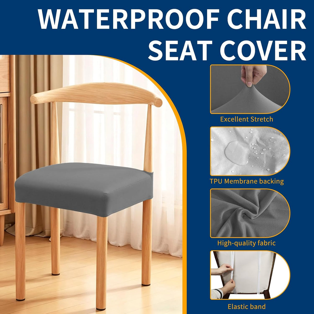Dining Chair Seat Covers, Waterproof Dining Room Chair Seat Covers Set of 6, Removable Kitchen Seat Covers Chair Covers for Dining Chairs