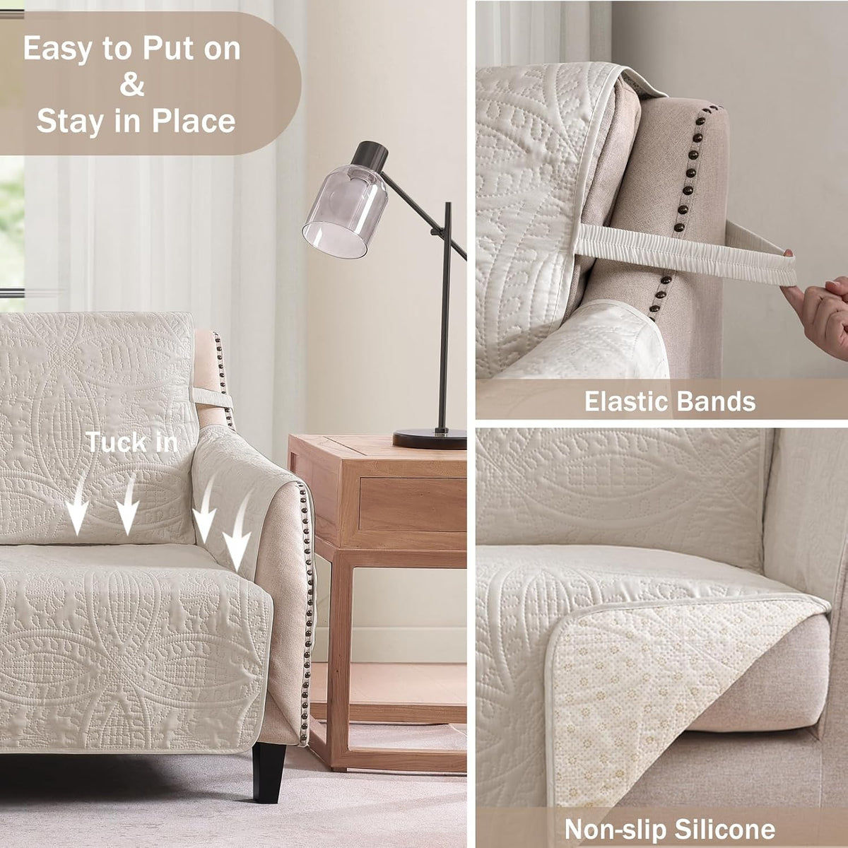 Beige Loveseat Covers for 2 Cushion Couch, Water-Repellent Quilted Covers for Sofa, Machine Washable Love Seat Couch Covers, Pet Friendly Loveseat Slipcovers (Loveseat 48", Beige Cream)