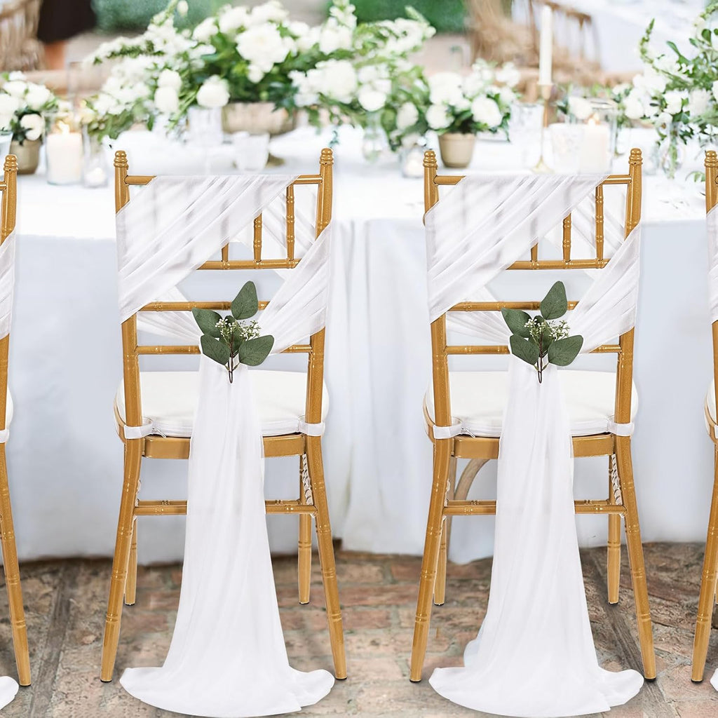 QueenDream White Chair Sashes Wedding Aisle Decorations: 24 Packs 8ft Long Draping Fabric Sheer Church Chair Cover Bulk for Party Banquet