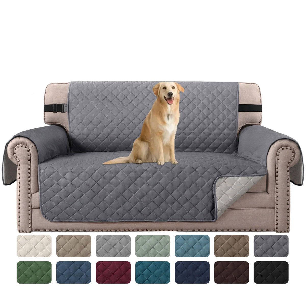 H.VERSAILTEX Reversible Couch Cover for 2 Cushion Couch Water Resistant Loveseat Washable Furniture Cover with Non-Slip Elastic Strap for Dogs, Pets, Kids(Oversized Loveseat, Charcoal Grey)
