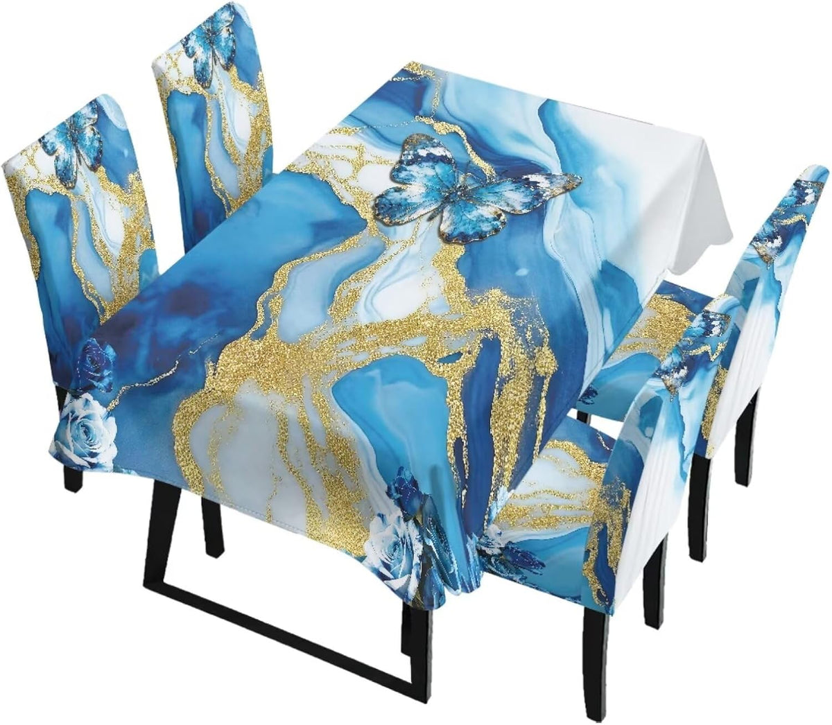 5 Pack Dining Table Cloth Rectangle 4 Seater Includes Kitchen Chair Covers, Stretch Seat Covers for Dining Chairs Anti-dust Washable Table Protector, Tribe Aztec Geometry Print