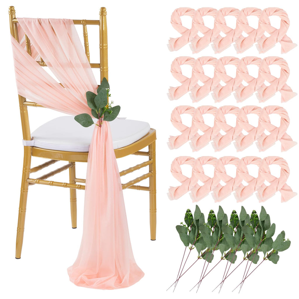 QueenDream White Chair Sashes Wedding Aisle Decorations: 24 Packs 8ft Long Draping Fabric Sheer Church Chair Cover Bulk for Party Banquet