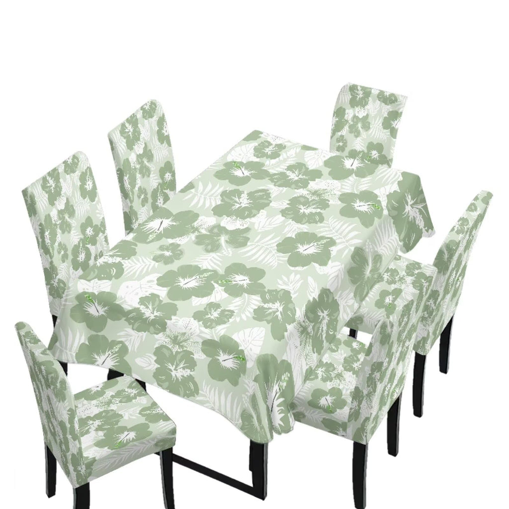Dining Room Chair Cover and Tablecloths 7 Pack, Stain Resistant Stretch Kitchen Chair Seat Slipcovers Anti-Wrinkle Table Protector for Party, Pastoral Rose Flower Stripes Print Green