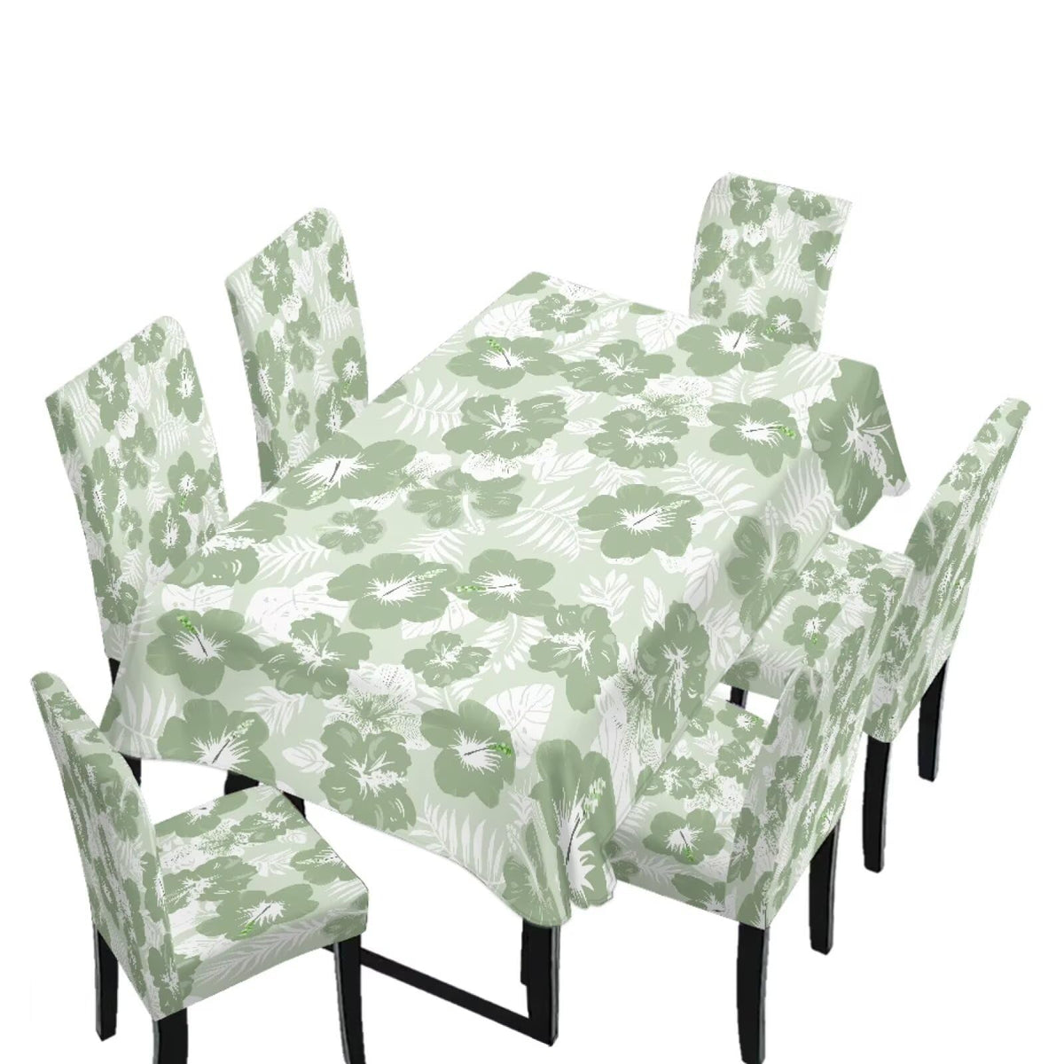 Dining Room Chair Cover and Tablecloths 7 Pack, Stain Resistant Stretch Kitchen Chair Seat Slipcovers Anti-Wrinkle Table Protector for Party, Pastoral Rose Flower Stripes Print Green