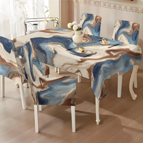 5 Pack Dining Room Chair Cover Set and Table Cloth Rectangle, Dust Proof Machine Washable Tablecloths Comfortable Chair Seat Slipcovers for Restaurant Decor, Abstract Fluid Marble