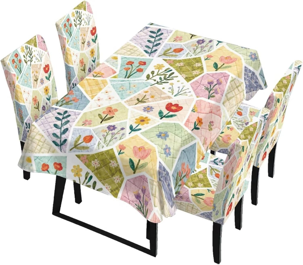 5 Pcs Table Cover Chair Covers Set Coloful Floral Dustproof Kitchen Seat Covers Set of 4 with Table Cover for Home Decor Soft Furniture Protector for Wedding Party Banquet