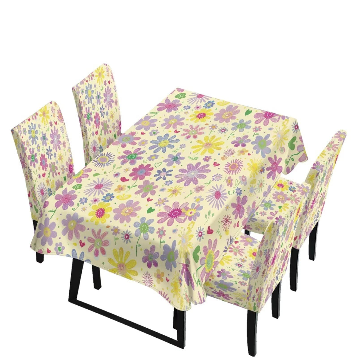 Table Cloth Rectangle Table Set of 7 Include Kitchen Chair Covers and Tablecloths for Dining Room Hotel Banquet, Anti-Scratch Chair Seat Protector Cover, Daisy Hippie Flower Print