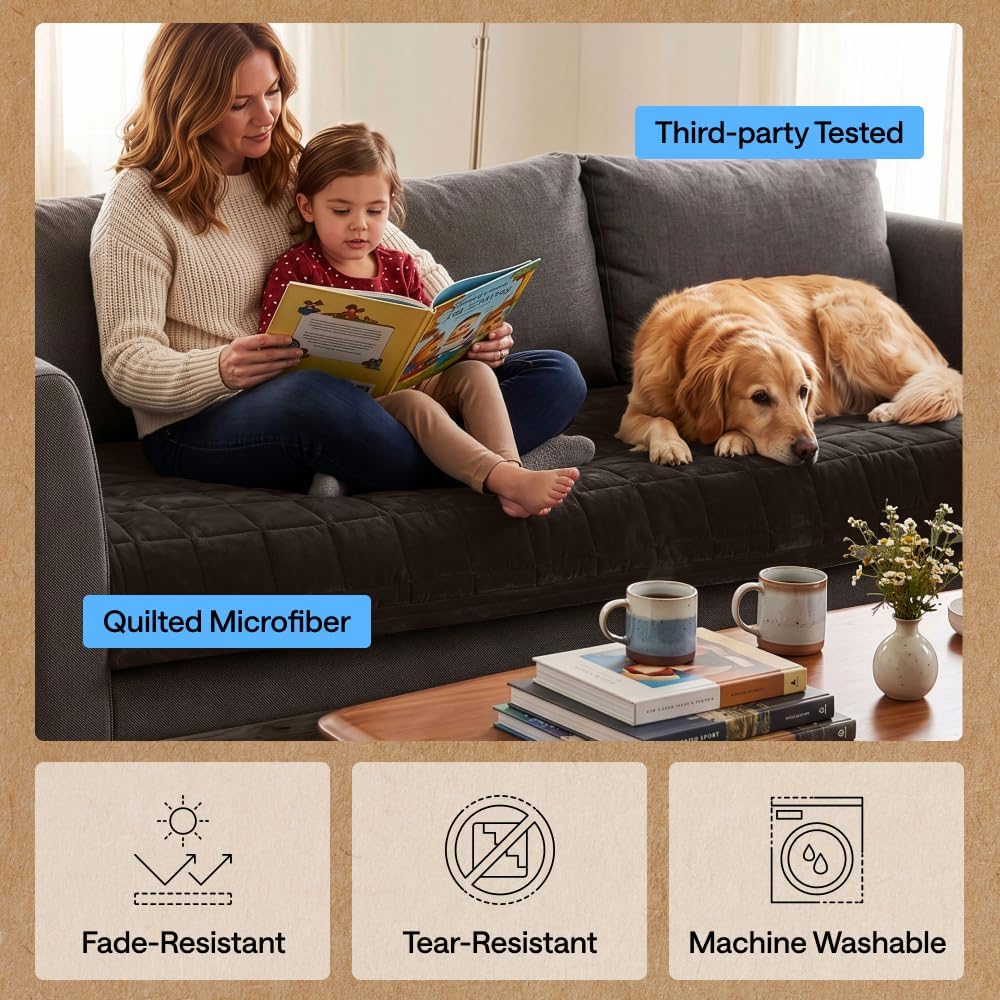 GORILLA GRIP Slip and Leak Resistant Plush Loveseat Cover, Brown