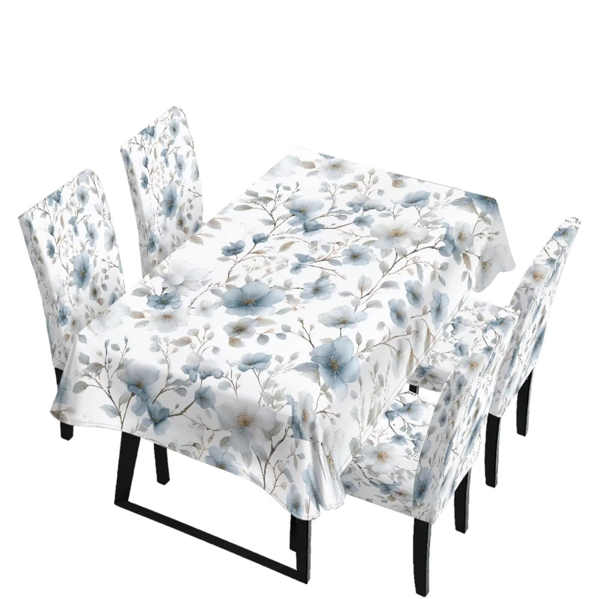 Table Cloth and Dining Chair Covers Set of 5, Kitchen Chair Slipcovers Rectangle Table Cover, Removable Anti-dust Tablecloths Stain Resistant Soft Hotel Decor, Blue Retro Floral