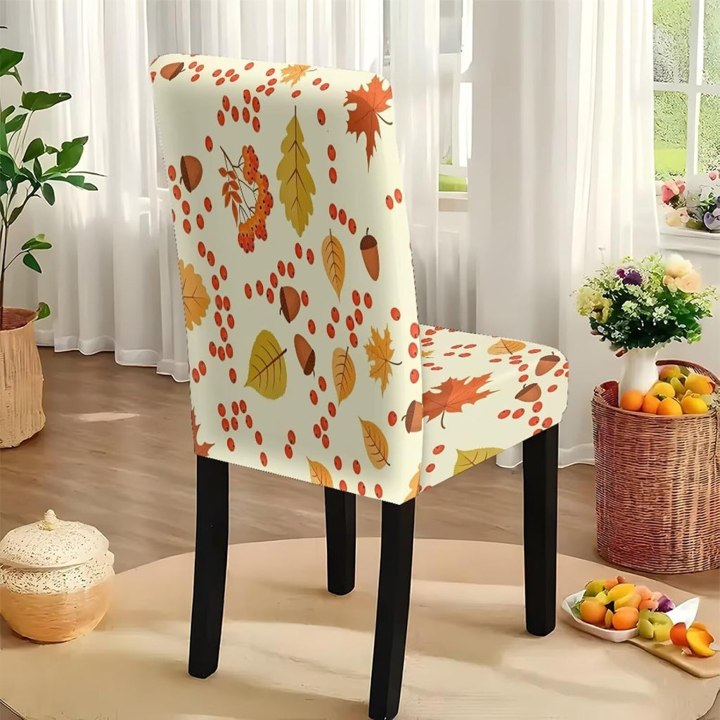 Thanksgiving Themed Dining Room Chair Cover and Tablecloths 5 Packs, Fall Leaf Print Kitchen Chair Seat Slipcovers Anti-Wrinkle Table Protector for Thanksgiving Day Party