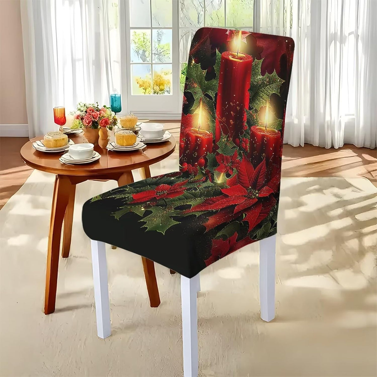 Fitted Tablecloth with Chair Covers Set,Christmas Candle Washable Dining Room Chair Covers Set of 4/6 with Farmhouse Table Cover for Home Hotel Restaurant, 5pcs/7pcs