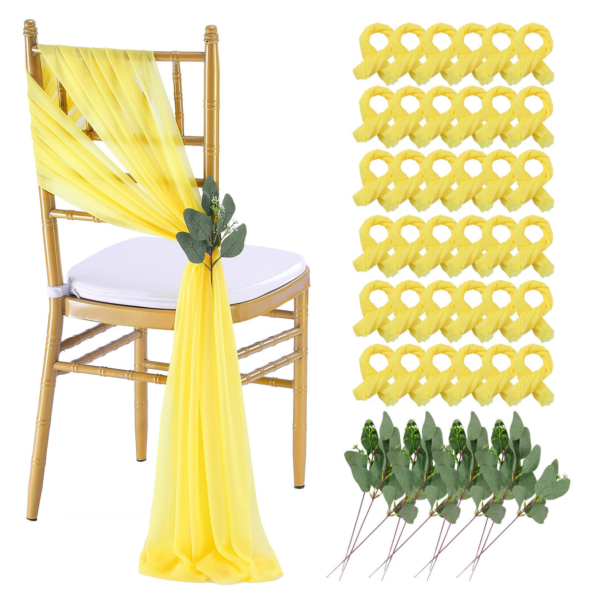 QueenDream White Chair Sashes Wedding Aisle Decorations: 24 Packs 8ft Long Draping Fabric Sheer Church Chair Cover Bulk for Party Banquet