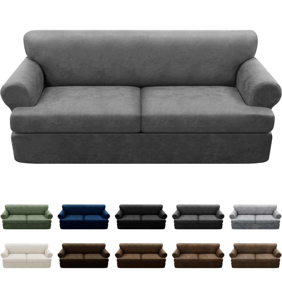 3-Pieces T Cushion Loveseat Slipcovers Leather Look Couch Cover Loveseat Covers for 2 Cushion Couch Furniture Protector Stretch Sofa Cover with 2 Individual T Cushion Seat Covers, Brown