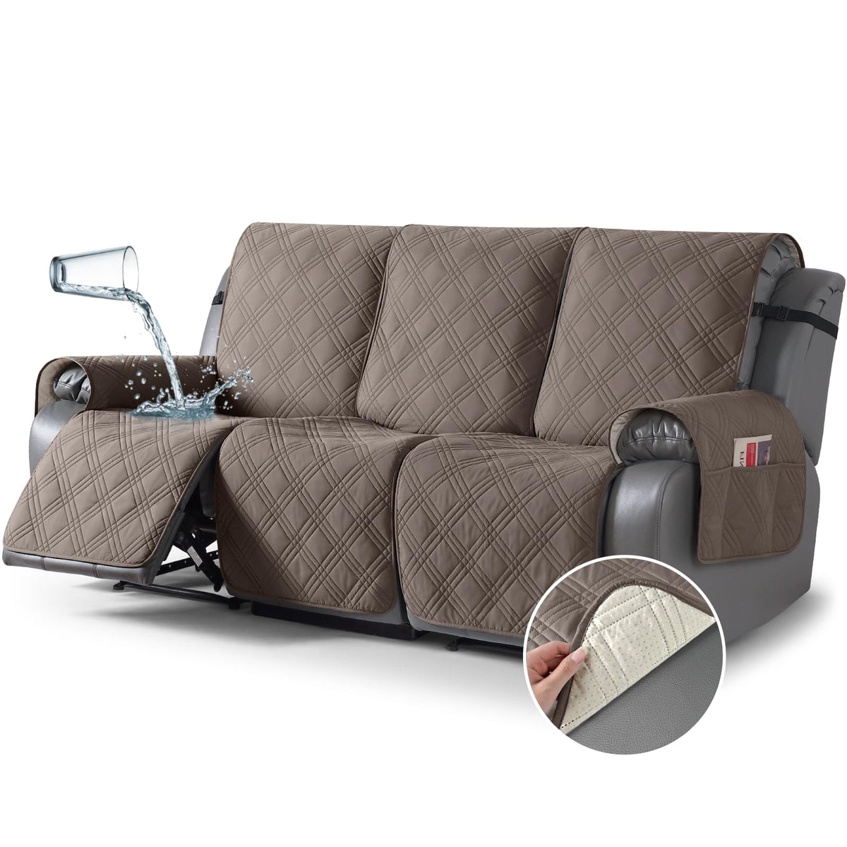 TAOCOCO 100% Waterproof Oversized Loveseat Recliner Cover, Non Slip Split Couch Covers for Reclining Loveseat with Elastic Straps for Kids Pets(Oversized 2 Seater, Chocolate)