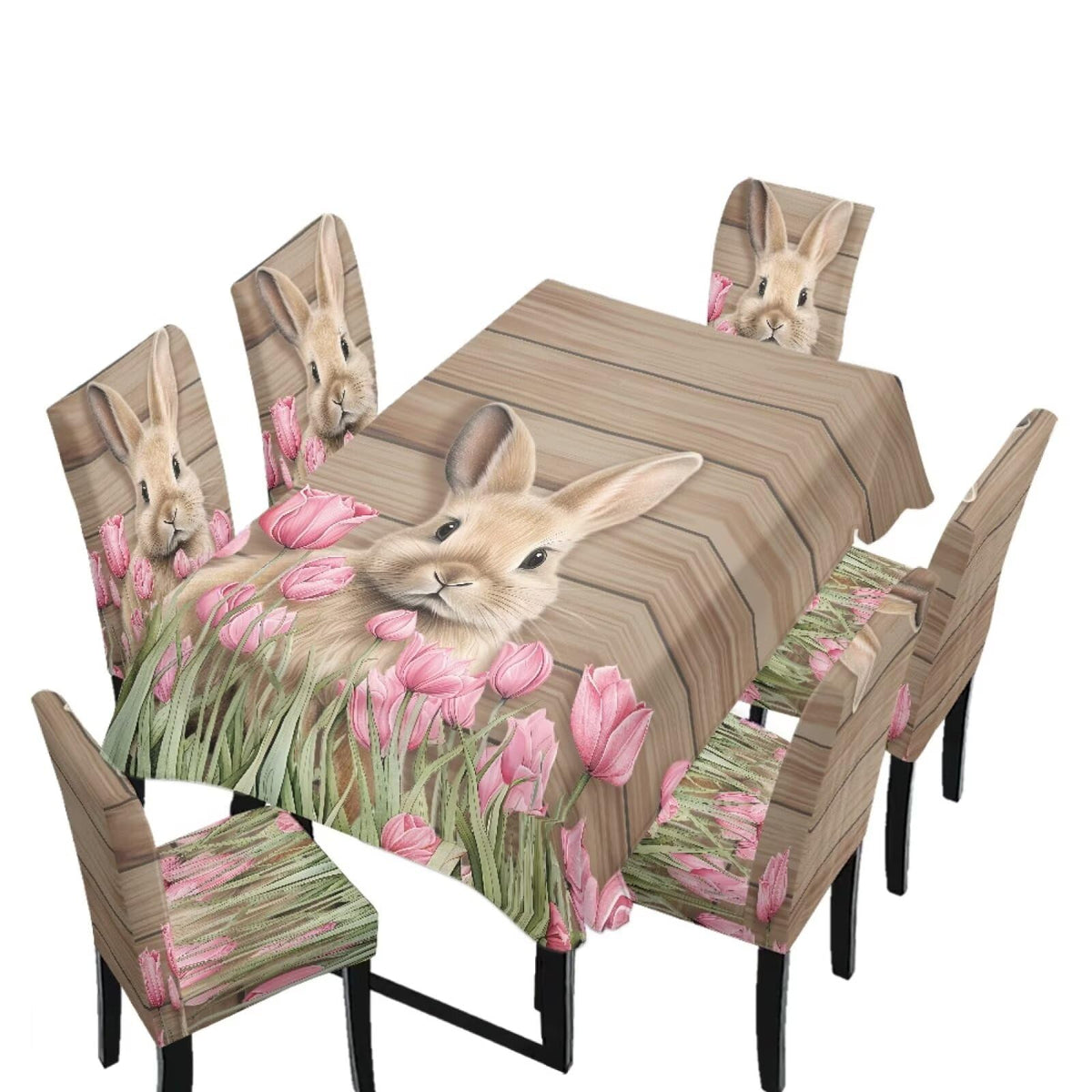 Table Cloth Rectangle Table Set of 7 Include Kitchen Chair Covers and Tablecloths for Dining Room Hotel Banquet, Anti-Scratch Chair Seat Protector Cover, Daisy Hippie Flower Print