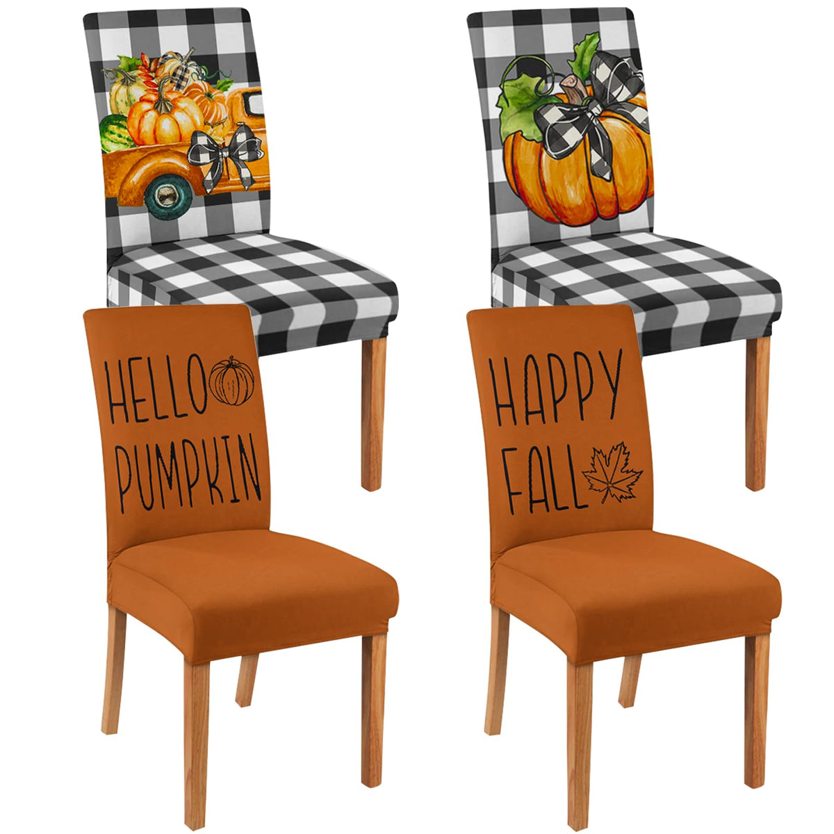 6 Pcs Fall Chair Covers for Dining Room, Thanksgiving Stretch Removable Dining Chair Cover Set of 6, Autumn Pumpkin Chair Slipcovers Seat Protector for Fall Restaurant Decor