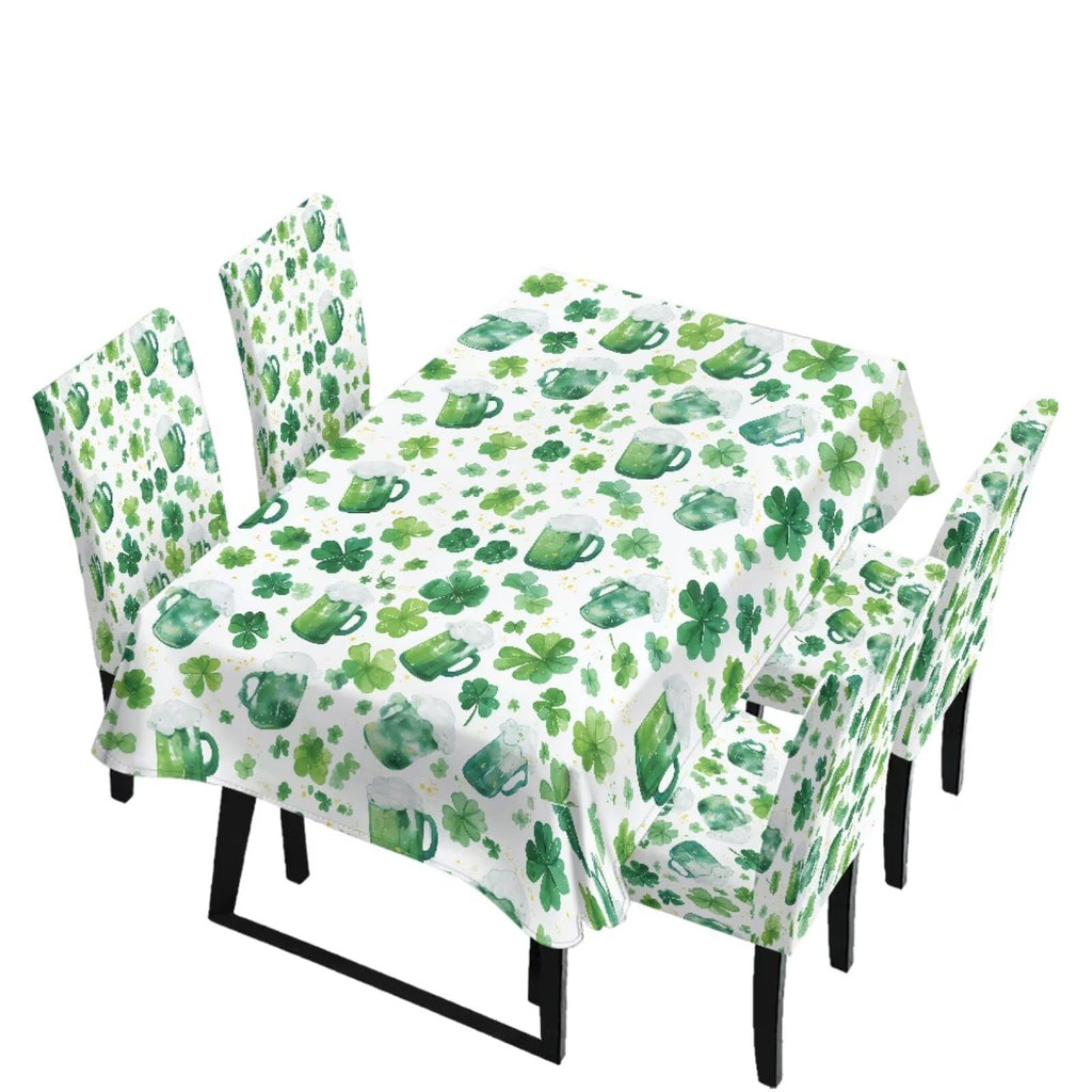 Table Cloth Rectangle Table Set of 7 Include Dining Chair Covers and Tablecloths for Dining Room Kitchen Banquet, Anti-Scratch Chair Seat Cover, Fluid Marble Print Green Gold Brown