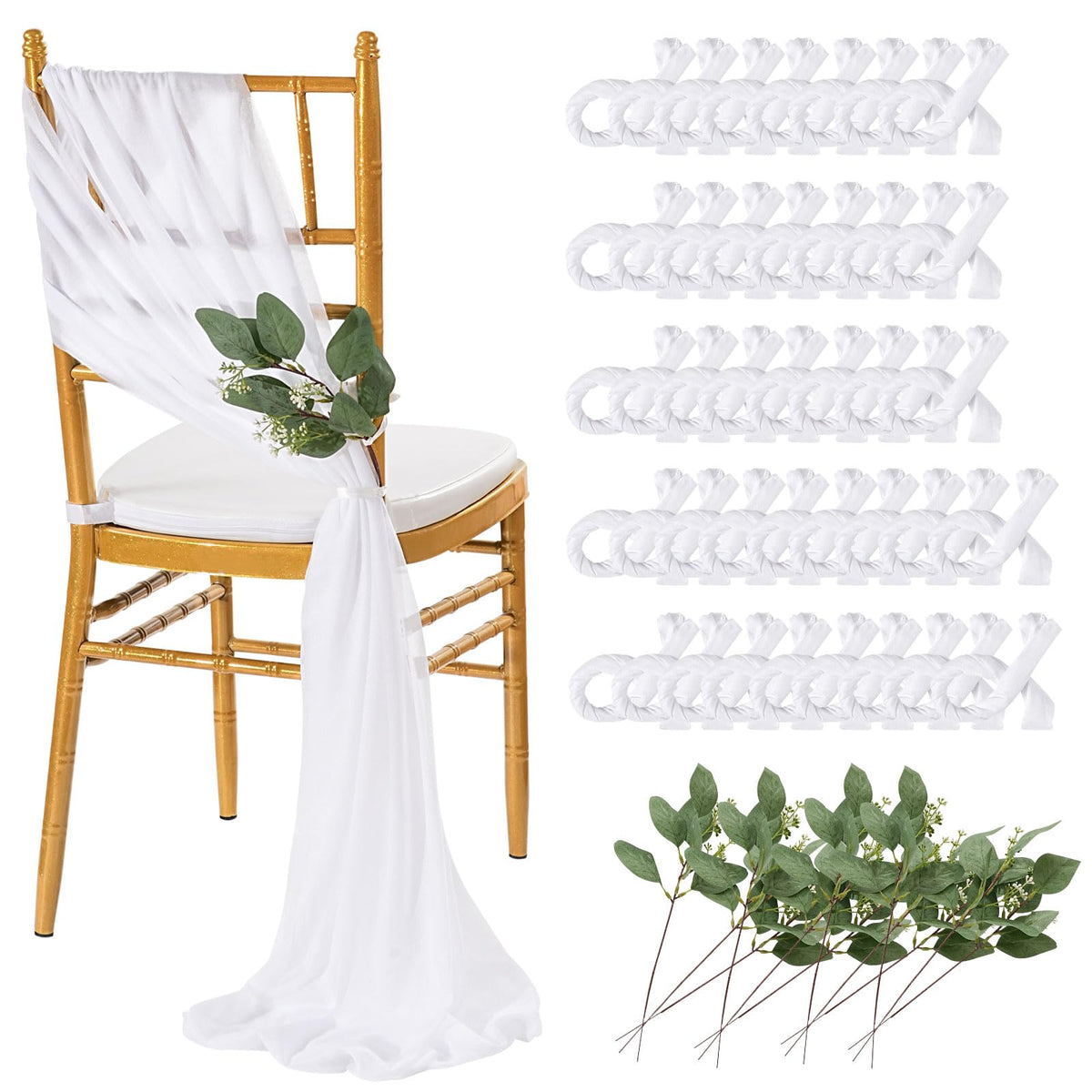 QueenDream White Chair Sashes Wedding Aisle Decorations: 24 Packs 8ft Long Draping Fabric Sheer Church Chair Cover Bulk for Party Banquet