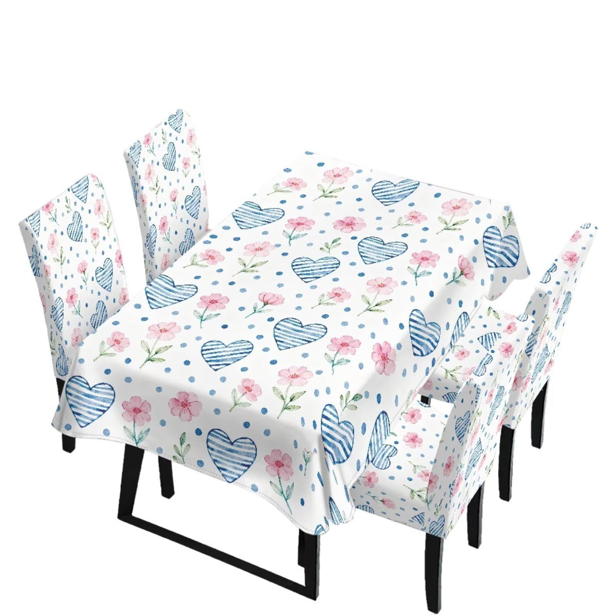 Dining Room Chair Cover and Tablecloths 7 Pack, Stain Resistant Stretch Kitchen Chair Seat Slipcovers Anti-Wrinkle Table Protector for Party, Pastoral Rose Flower Stripes Print Green