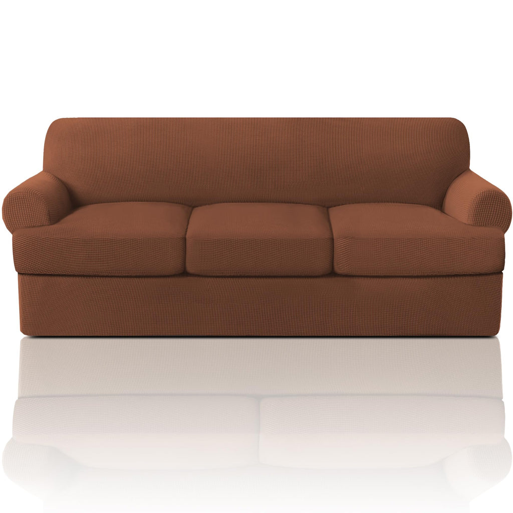 PrinceDeco T Cushion Loveseat Slipcover - 3 Pieces Sofa Cover for 2 Cushion Couch with 2 Individual T Shape Seat Covers Width Up to 76 Inch - Stretch, Machine Washable, Porcelain